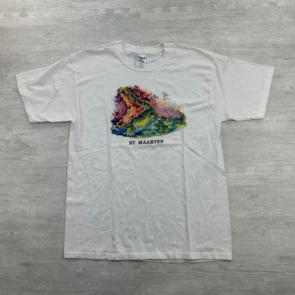 Vintage 90s St.‎ Maarten Crocodile Shirt Size Large White Alligator Nature